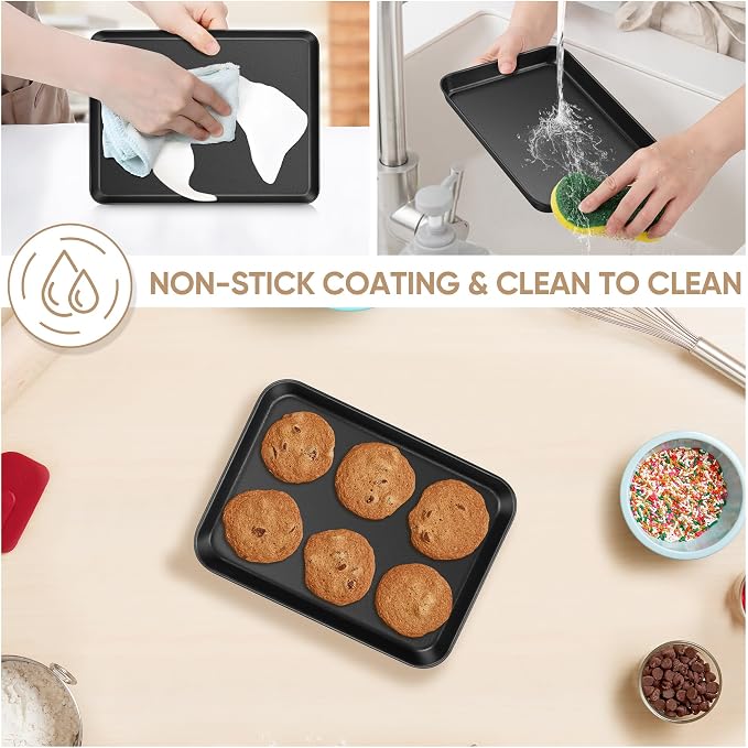 E-far Baking Sheet Set of 2, 9" x 7" x 1" Small Cookie Sheet Pan for Baking | Nonstick Carbon Steel, Half Sheet Baking Pans Trays for Toaster Oven, Roasting/Cooking, Non-toxic & Healthy, Easy Clean