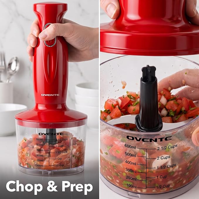 OVENTE Electric Hand Blender Set with 2 Mixing Speeds, 300W Red HS565R | Corded Immersion Handheld Stick Mixer with Stainless Steel Blades, Egg Whisk, Beaker & BPA-Free Food Chopper