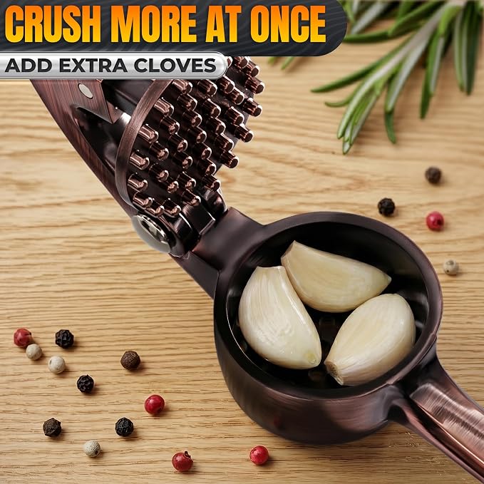 Stainless Steel Garlic Press Set, Peeler & Cleaning Brush, Copper | Ginger Mincer with 37 Built-In Studs for Maximum Extraction, Garlic Crusher for Ginger and Soft Nuts, Ergonomic Handle