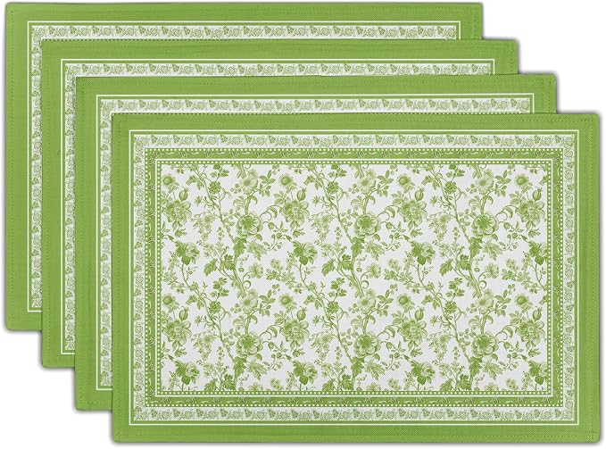 Green Floral Placemats Set of 4 Chinoiserie Boho Flowers Linen Fabric Rectangle Table Mat 12x18 Inch Washable Heat Resistant Outdoor Seasonal for Kitchen and Dining Table Decor