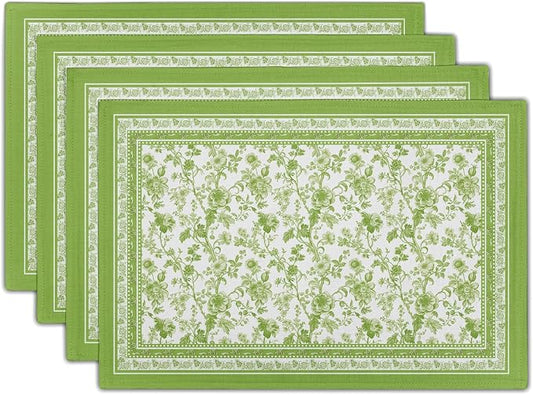 Green Floral Placemats Set of 4 Chinoiserie Boho Flowers Linen Fabric Rectangle Table Mat 12x18 Inch Washable Heat Resistant Outdoor Seasonal for Kitchen and Dining Table Decor