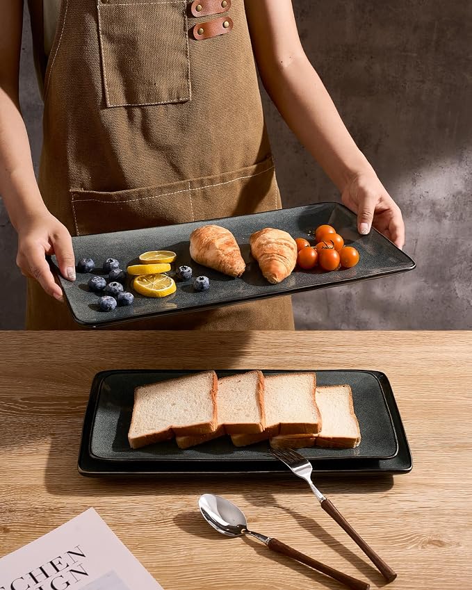 Famiware Serving Platters Set of 3 Sizes - Rectangular, Deep Forest | 15.67"/14.1"/12.6" Fine Stoneware Serving Trays for Party, Entertaining for Food, Turkey, Cheese, Microwave Dishwasher Safe