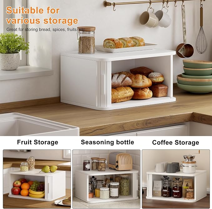 WOWLIVE Roll Top Bread Box for Kitchen Countertop, Bamboo Bread Storage | Airtight Bread Containers, Large Bread Bin with Sliding Door for Loaves, Bagels, Countertop Storage Cabinet, White, Medium