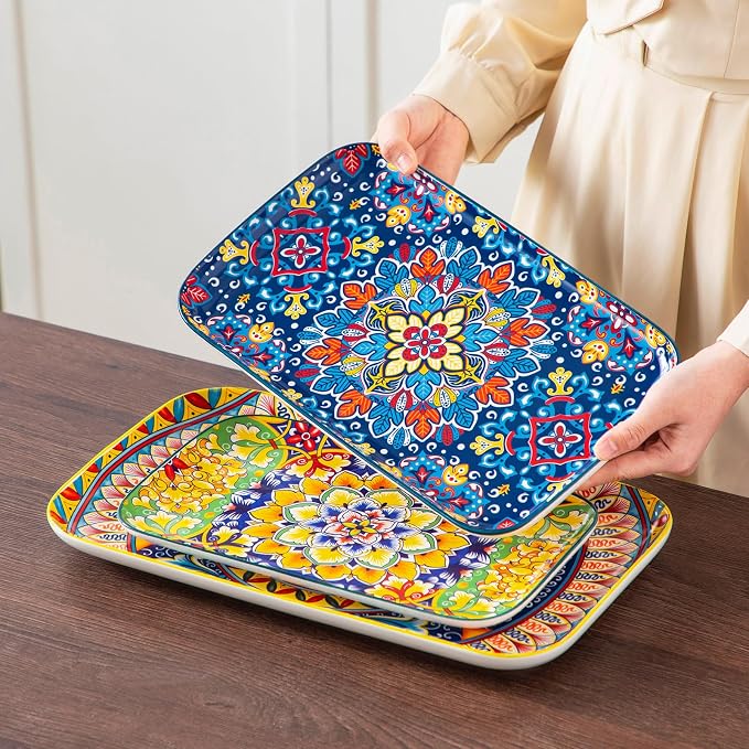 vancasso Serving Platters Set of 3, 16"/14"/12" In Rectangular Trays Retro | Ceramic Serving Dish for Entertaining Food, Microwave & Dishwasher Safe