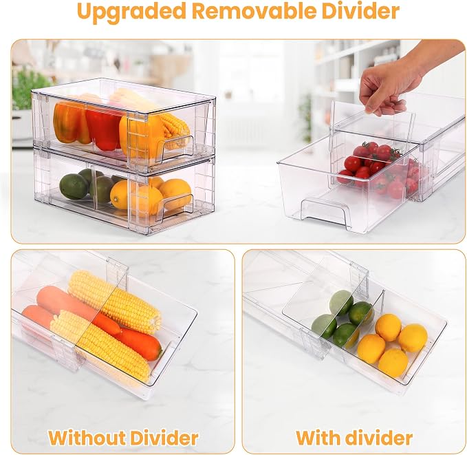 2 Pack Stackable Storage Drawers,Plastic Organizers Bins, Drawers Storage with Handles and Movable Dividers for Organization and Storage in Fridge,Bathroom, Pantry, Kitchen Cabinets, Under Sink