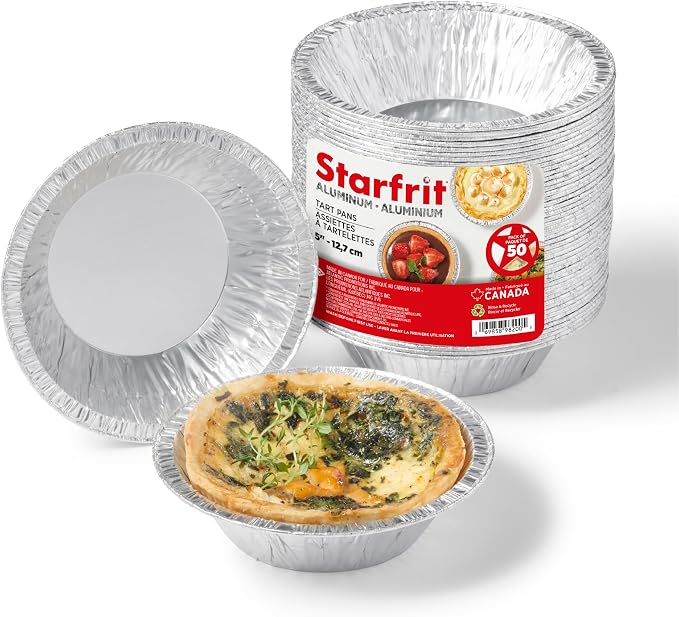 Starfrit 50-Pack 5" Aluminum Tart Plates, Disposable, Oven & Freezer Safe | Ideal for tarts & pot pies. 5" individual size. 50 pans. Oven, freezer & air fryer safe. Recyclable. Made in Canada.