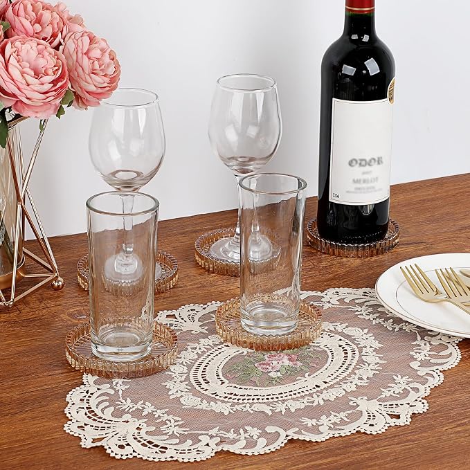 Modern Clear Coasters Set of 5- Glass Cute Coasters for Drinks, Amber | Crystal Coaster Round Chic Cup Mat Cute Coffee Table Coaster for Kitchen, Bar, Dining Room, Living Room, Patio