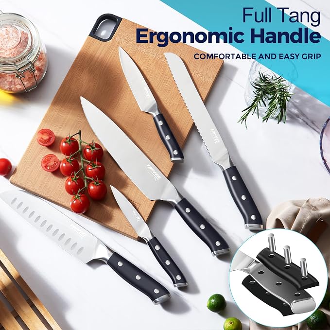 Topfeel 6PCS Kitchen Knife Set with In-Drawer Bamboo Knife Block | 8" chef,bread and Santoku knives, 5" utility and 3.5" paring knife with high-carbon stainless steel blades and gift box