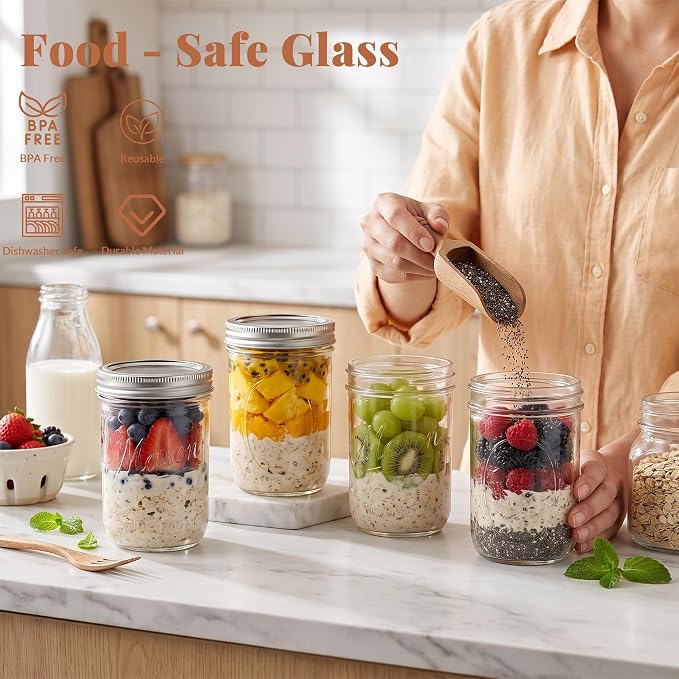 CycleMore 16oz Embossed Glass Mason Jars with Two Types of Lids – Set of 6 | One-Piece & Stainless Steel Split Lids. BPA-Free & Durable Glass. Dishwasher Safe. Non-Slip Grip. Vintage Style.