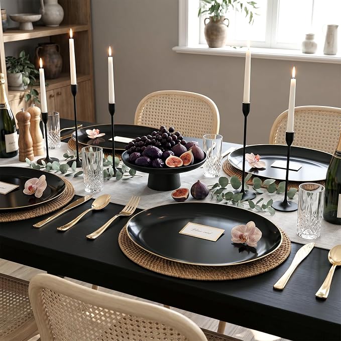 6PACK Black Oval Plastic Plates - 10"x12" Black and Gold Disposable Platters - Heavy Duty Serving Trays for Party/Birthdays/Catering/Weddings/BBQ