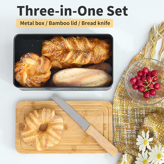 Bread Box for Kitchen Countertop,Metal Bread Storage Bin with Bamboo Cutting Board Lid, Includes Bread Knife, Fits Sourdough & Buns, Stylish Organize (Black)