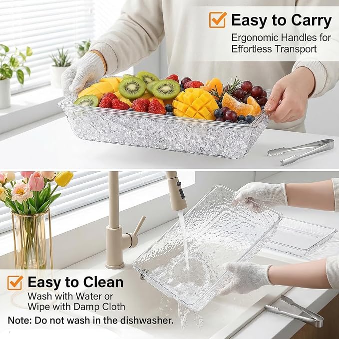 2 Pack Ice Chilled Serving Tray, Plastic Chilled Party Platter for Fruit, Veggie Trays Large Removable Serving Tray for Cold Dish, Ideal for Appetizers, Seafood, Desserts, Charcuterie Board