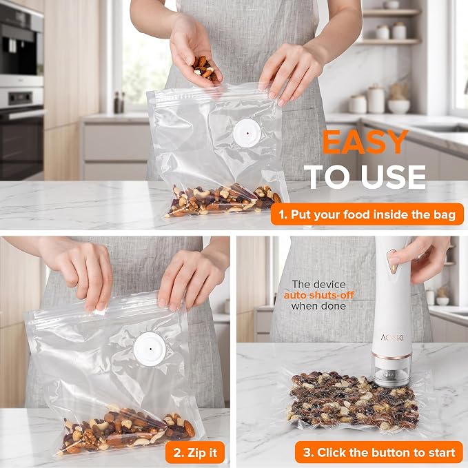 Handheld Vacuum Sealer for Food with Visible Liquid Tank | Compact Powerful Food Vacuum Sealer Machine with 10 Reusable Bags, Seal Meal Saver, Portable & Wireless, White