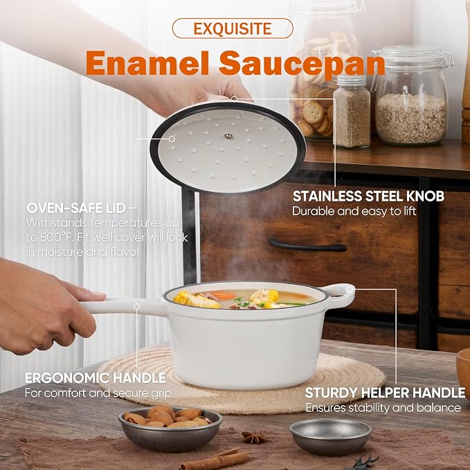 Homikit 1 QT & 2 QT Saucepan Set, Enameled Cast Iron Saucepan with Lid for All Cooktops, Small Pot Mini Dutch Oven for Kitchen Cooking, Boiling, Nonstick & Heavy Duty, White