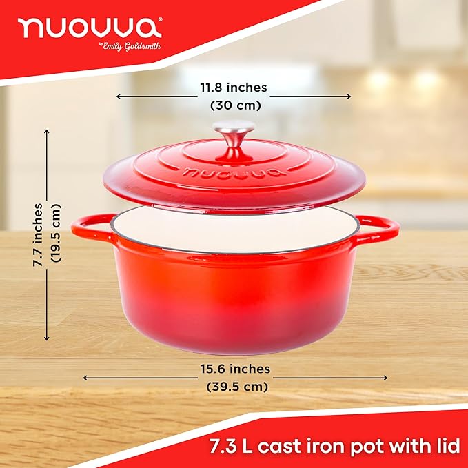 Cast Iron Dutch Oven with Lid - Non-Stick Ovenproof Enamelled Casserole Pot- Sturdy Dutch Oven Cookware - Red, 7.3- Quart, 30cm- by Nuovva