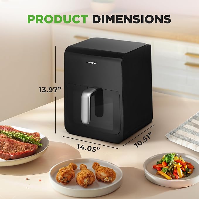 Nutrichef Electric Air Fryer Large 6.3 Quart Capacity | 12-1 Preset Cooking Functions | Includes Tenderizing Function | Digital Display | Transparent Window For Best Cooking Results | Black