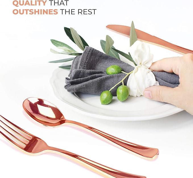 75-Pcs Heavy Duty (Rose Gold) Plastic Silverware Set, Disposable Cutlery Set, Great for Parties, Weddings, and Catering, Flatware Utensils Included: 25 Forks, 25 Spoons, 25 Knives, Stock Your Home