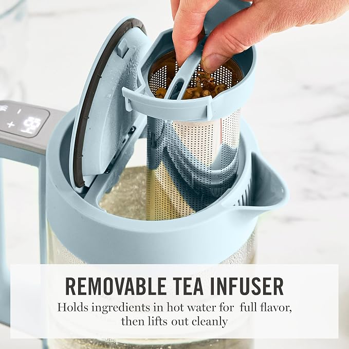 Martha Stewart 1.7L Glass Carafe Electric Kettle with Removable Tea Infuser | 7 Cups, 4 Presets, Rapid Boiling, Stainless Steel Tea Leaf Infuser, Cordless Swivel Base, Keep Warm, Auto Shut-Off, Sky Blue