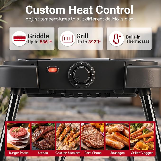 Giantex 2-in-1 Electric Grill and Griddle Indoor Outdoor | Portable Low-Smoke BBQ Grill with Adjustable Stand, Grease Tray, Tabletop or Freestanding, for Picnic Camping Backyard, 1500W