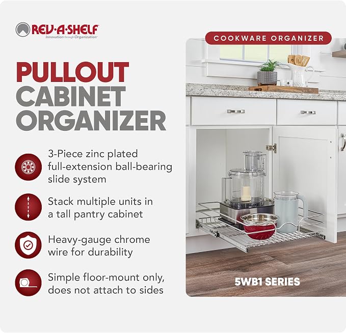 Rev-A-Shelf Steel Wire Pullout Drawer Organizer Shelf for Kitchen Cabinets, Slide Out Storage Basket, Min Opening Width of 20.5", 21" x 22", 5WB1-2122CR-1