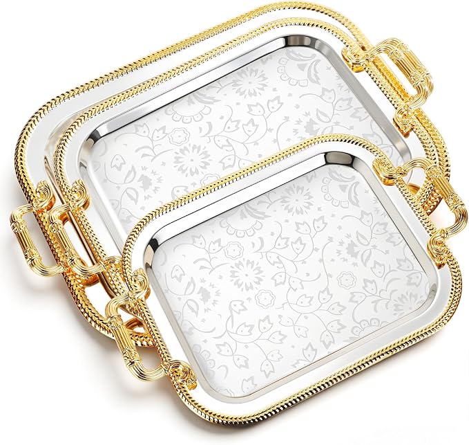 3 Pack Metal Serving Trays with Handles, Decorative Floral Platter Trays for Coffee Tea, Food, Dessert, Jewelry, for Buffet Wedding Party Kitchen Home Decor(Floral,Silver, Gold)