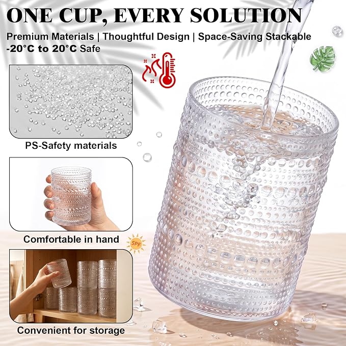 18PCS Hobnail Plastic Drinking Glasses 14 oz Beaded Cups for Party | Vintage Glasses Mixed Drinkware Sets, Clear and Sturdy, Disposable yet Stylish, Perfect for Beer, Whiskey, Juice, Cocktails