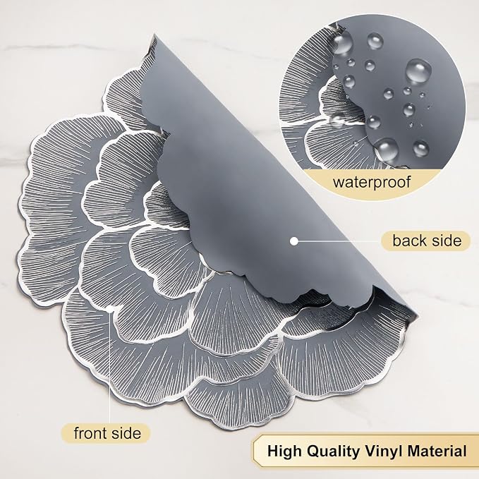 Silver Placemats Set of 6 15 Inch Metallic Pressed Vinyl Flower Place Mats | Non Slip Washable Waterproof PVC DiningTable Mats for Home Kitchen Dinner Party Table Wedding Decoration
