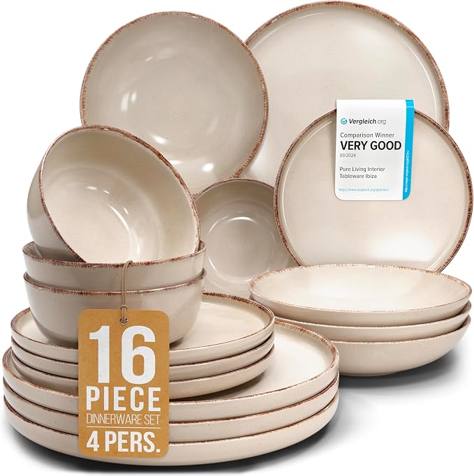 16 Piece Stoneware Dinnerware Set for 4 - Handmade Reactive Glaze Plates and Bowls Set - Chip & Scratch Resistant Dish Set - Dishwasher Microwave Safe - Rustic Beige
