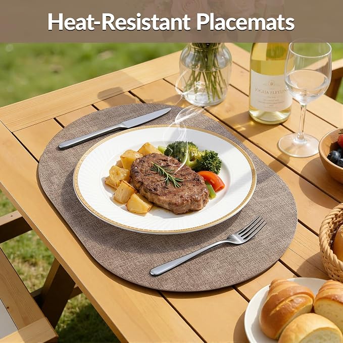 Placemats Set of 6, 11.8 x 17 Inch, Light Brown | Heat Resistant Oval Faux Leather Place Mats, Waterproof Wipeable Reversible PU Placemat, Indoor & Outdoor