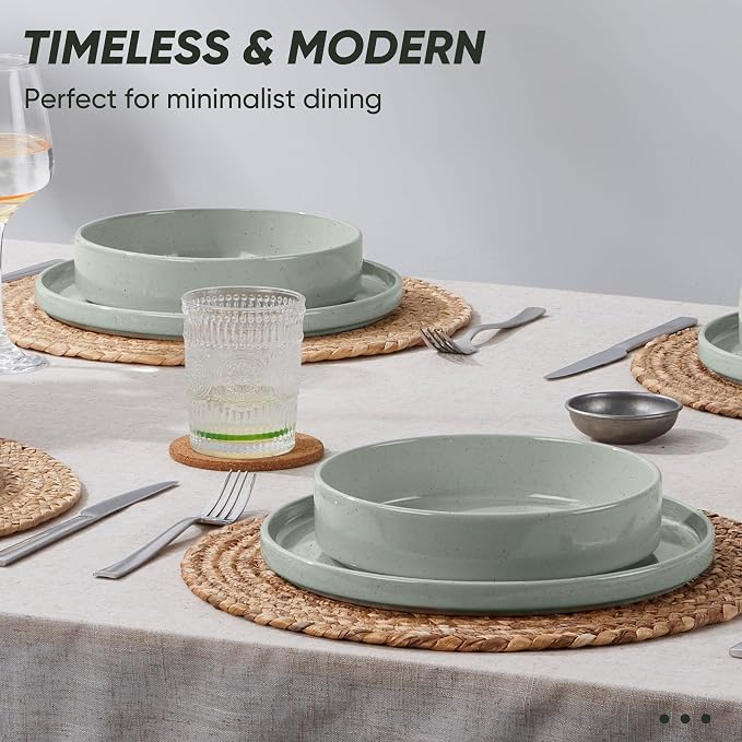 E-far 8-Piece Stoneware Dinnerware Sets with Pasta Bowls, Green | Plates and Bowls Sets for 2, Microwave & Dishwasher Safe Kitchen Modern Dish Set, Speckled Green