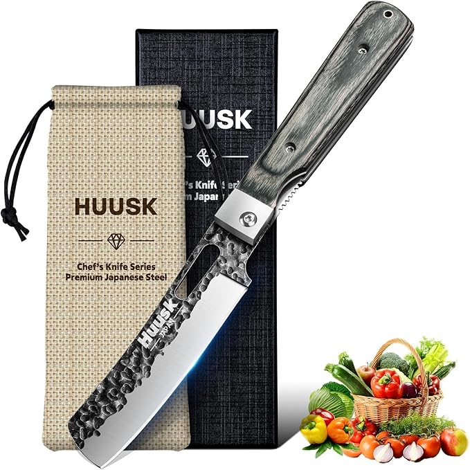Huusk Japanese Folding Nakiri Knife - Pocket Vegetable Knife | Hand Forged Blade, Wooden Handle, Gift Box, For BBQ, for Camping and Travel