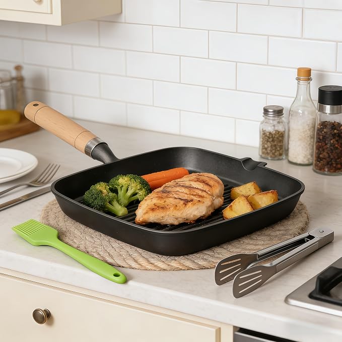 Cast Iron Grill Pan 9 Inch Griddle Pan Skillet with Kitchen Tong & Brush for Steak Searing