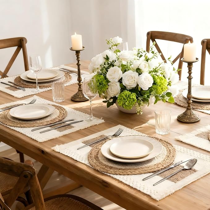 Handmade Boho Placemats Set of 6 | Natural Woven & Fabric Cotton Combo Table Mats | 12-Piece Versatile Place Mats | Rustic Farmhouse Style Dining Table Decor