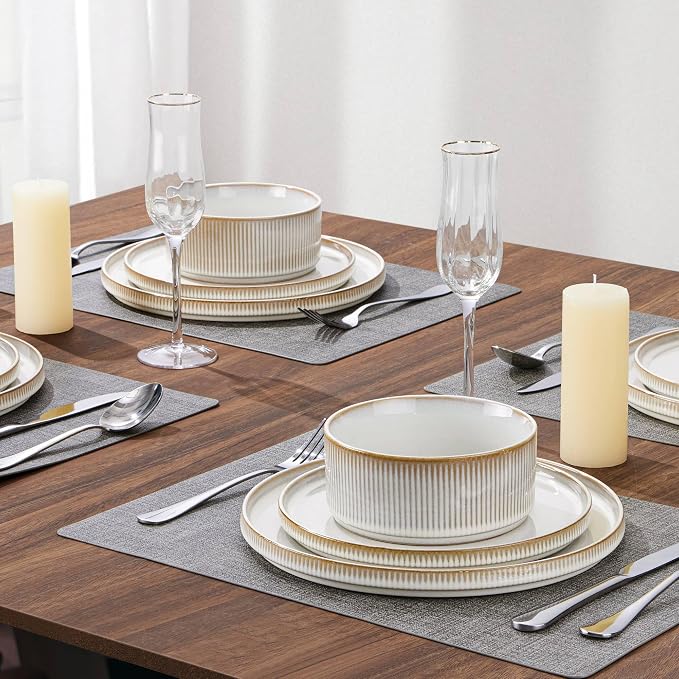 LIANYU 24 Piece Stoneware Plates and Bowls Dishes Set for 6, Dinnerware Sets with Pasta Bowls, Ribbed Dining Ware Dishware for Home Wedding, Microwave and Dishwasher Safe, Dawn Beige