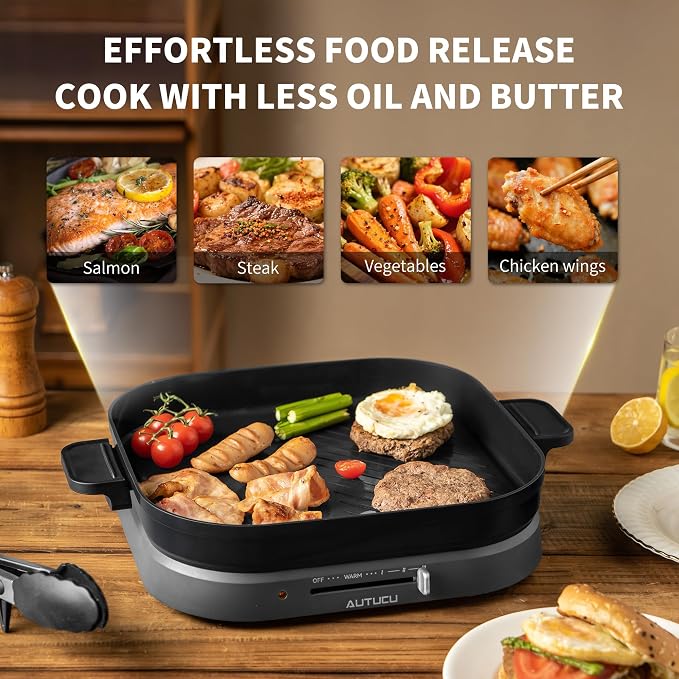 Nonstick 2-in-1 Electric Griddle & Flat Grill, High Power 1200W | PFOA-Free Surface, Tongs Included, Easy to Clean