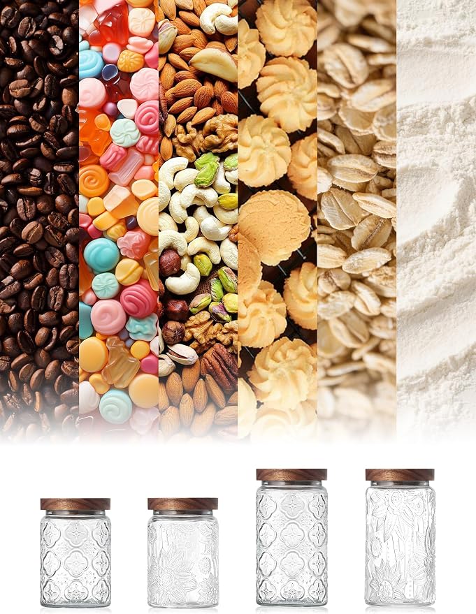 Vintage Glass Jar with Wood Lid - Christmas Airtight Canisters for Kitchen Countertop Bathroom, Storage Candy, Cookie, Coffee, Apothecary, Sugar, Flour,Pet Treat (2 X Begonia, 24oz/700ml)