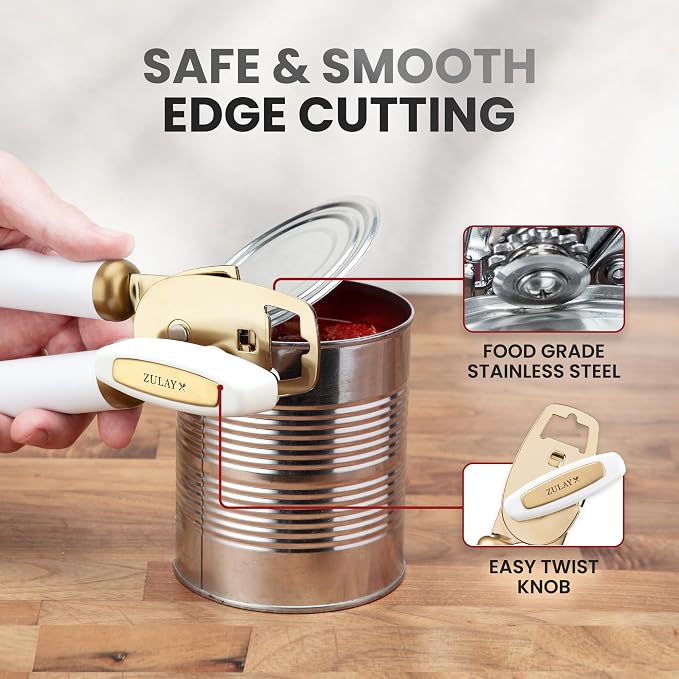 Zulay Kitchen Heavy Duty Stainless Steel Can Opener Manual with Bottle Opener - Rust Proof Manual Can Opener With Turn Knob & Comfy Soft Grip Handles - White & Gold