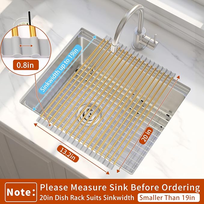 Extra Large Golden Roll-UP Dish Drying Rack-Stainless Steel Dish Drainer Over The Sink for Kitchen Countertop,Applicable for Sink Width Less Than 19in (Gold,20.5'x 13.2')