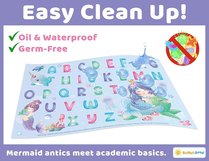 Bright Seed Disposable Placemats for Baby & Toddlers, Learning Mat- Mermaid | 40 Disposable Placemats, ABC, Numbers & Animal Learning, Perfect for Restaurants & Travel, Helps Keep Tables Clean