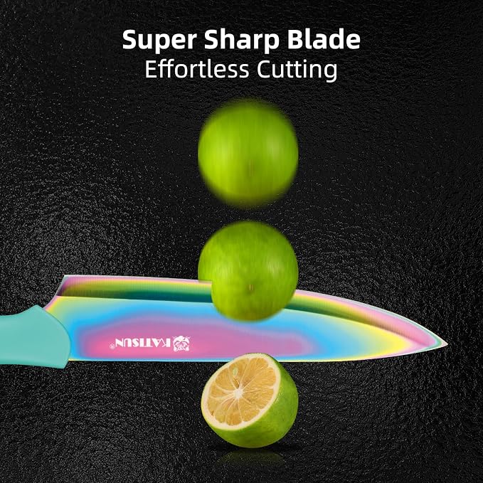 Kitchen Knife Set, Rainbow Titanium and 6 Blade Guards, 13-Piece | Stainless Steel Blades, Rainbow Nonstick Coating, Long-Lasting Sharpness, Rust-Resistant, Non-Slip, Dishwasher Safe