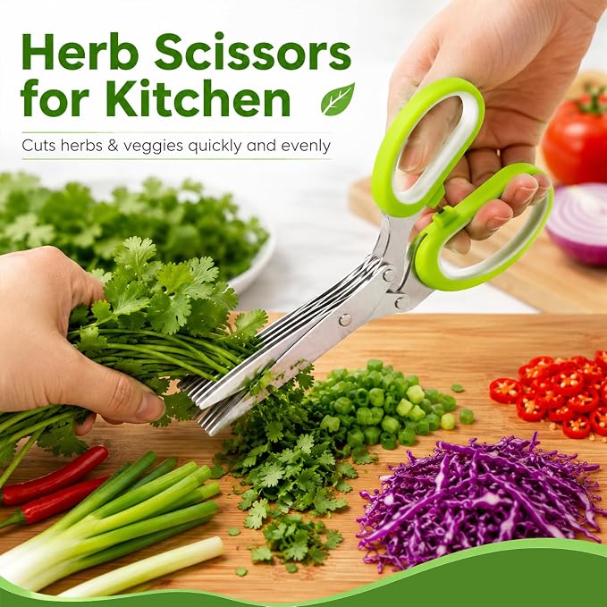 Herb Scissors, Kitchen Shears for Lettuce, Cilantro, Green Onion & Parsley | Must Have Kitchen Gadgets for Home, to Make Life Easier, Cilantro Salad Chopper Scissors, 5 Sharp Blades, Dishwasher Safe