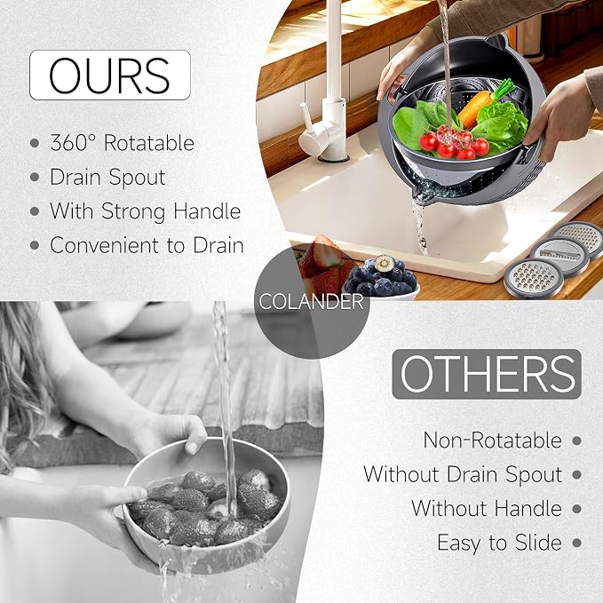 4-1 Colander with Lid Set - Rotatable Strainer With Bowl(Patented), Pasta Strainer with New Upgraded Graters, Strainer And Colanders, Fruit Cleaner, Veggie Wash, Apartment Kitchen Gadgets - Grey