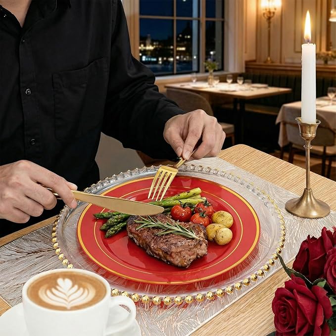 350Pieces Red Plastic Plates with Gold Rim Include 50Dinner Plate 10inch 50Dessert Plate 7inch 50 gold Cups 9 OZ, 50 Pre Rolled Napkins for Wedding/Birthday/Christmas/Party