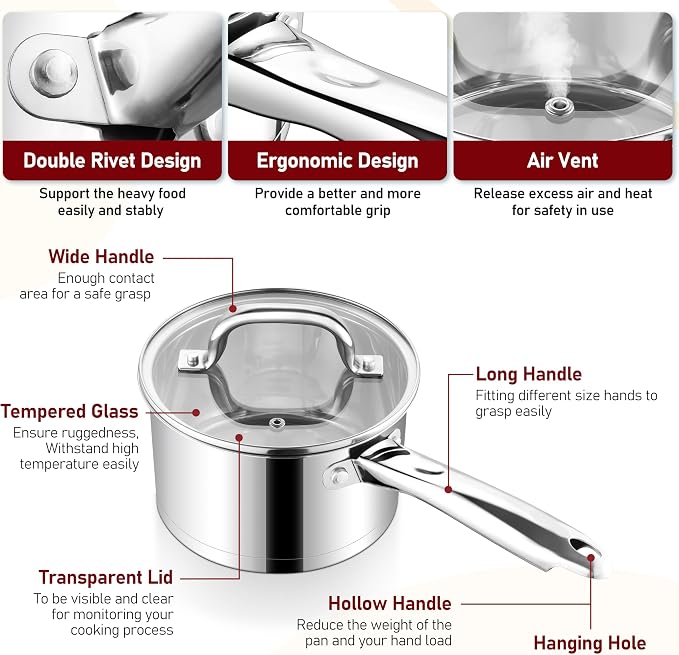P&P CHEF 1 &2 Qt Saucepan with Lid, Stainless Steel Small Cooking Pot 2 Pan | Sauce Pan for Pasta, Soup, Tri-ply Base for Induction, Gas, Ceramic, Oven & Dishwasher Safe, Ergonomic Handle & Multi-use
