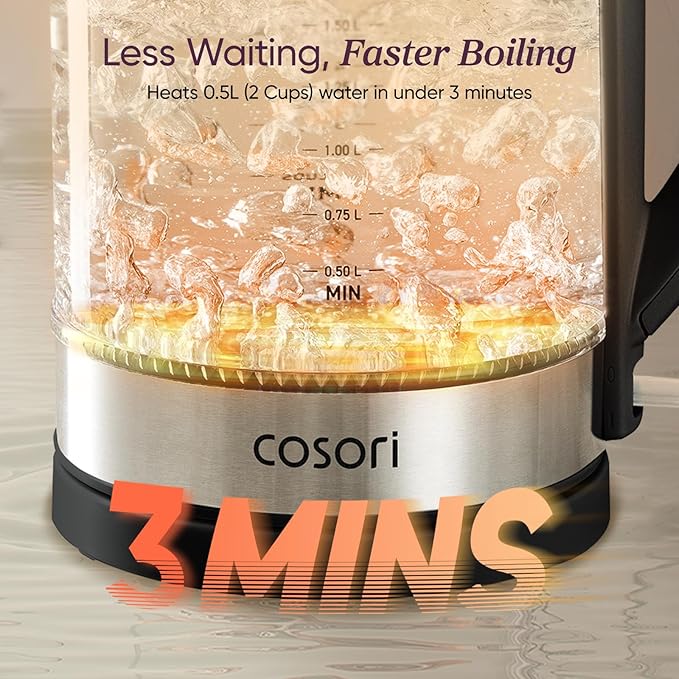 Cosori Electric Kettle, No Plastic Contact with Water, 1.7L, Black | Wide Opening, Easy to Clean, Auto Shut-Off, Boil-Dry Protection, Tea Kettle, Hot Water Boiler, Borosilicate Glass, 1500W