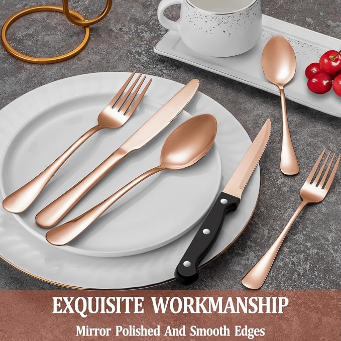 48 Pcs Rose Gold Silverware Set with Steak Knives, Stainless Steel Flatware Cutlery Set for 8, Kitchen Tableware Sets, Utensil Sets for Home and Restaurant, Dishwasher Safe
