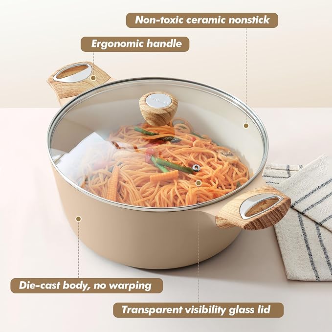 SENSARTE Ceramic Nonstick Stock Pot with Lid, 2.6/4.5/6.6/8.5/11 QT Soup Pot Casserole Pot, Non-toxic Healthy Pasta Pot, Large Cooking Pot Stew Pot, Induction Compatible, PFOA PFAS PTFE Free, Taupe