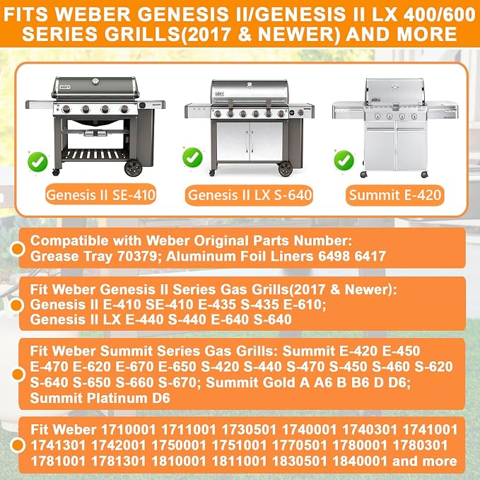 70379 Grease Catch Pan Kit for Weber Drip Pans Weber GS4 Genesis II/II LX 400/600(2016+),Summit 400/600 SER,6498 Genesis 2 Drip Pan & 10PCS 6417 Aluminum Foil Grease Tray Liners for Weber Accessories