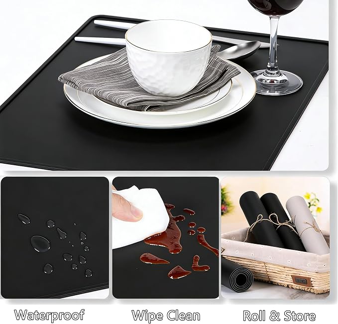 IYYI Silicone Placemats, Dining Placemats Set of 4, Waterproof Placemats for Kids, Heat Resistant Non-Slip Silicone Mats for Dinner Table, Dishwasher Safe (Black, 18.9×11.8)