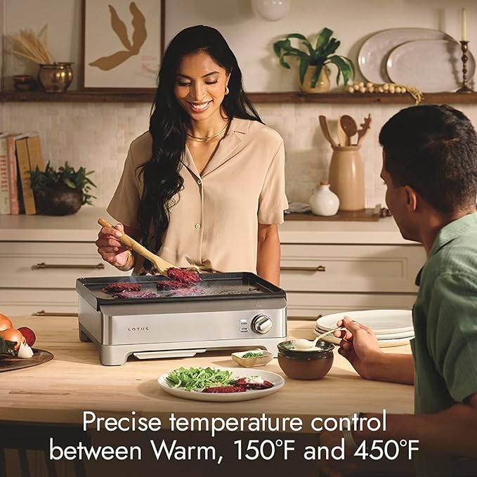 Lotus Griddle, Nonstick Electric Griddle, The Short Order, 1800 Watts, Large 12 inch x 17 inch Nonstick Surface, Stainless Steel, Professional Series, LTSGR500